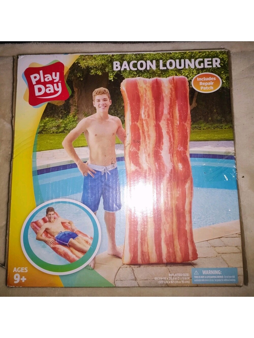 Play Day Bacon Lounger Inflatable Giant Pool Float, Multicolor, Ages 9+